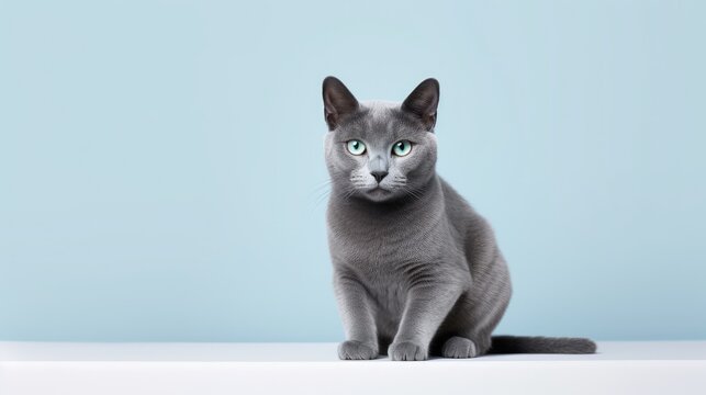 Portrait of a blue british cat sitting on a light blue background Generative AI