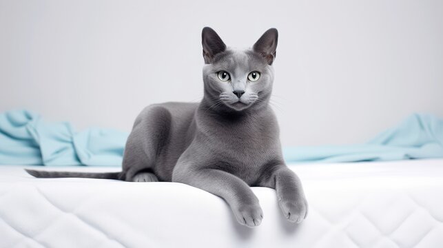 Beautiful Blue Burmese cat on white bed, closeup Generative AI
