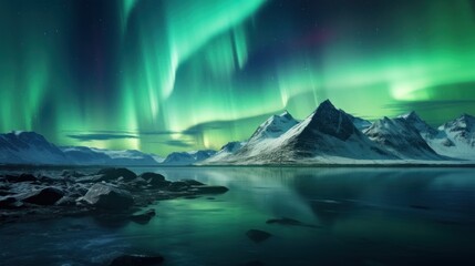 Aurora borealis, northern lights over snowy mountains and lake Generative AI - obrazy, fototapety, plakaty