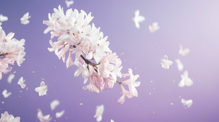 Spring background with pink hyacinth flowers and flying petals. Generative AI