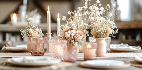 A romantic wedding table set with flickering candles, delicate flowers, and elegant porcelain serveware creates a dreamy ambiance for the perfect celebration