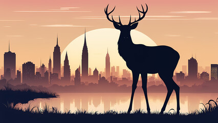 Abstract background of deer with city town background. Fantasy landscape graphic illustration. Template for your design works ready to use.