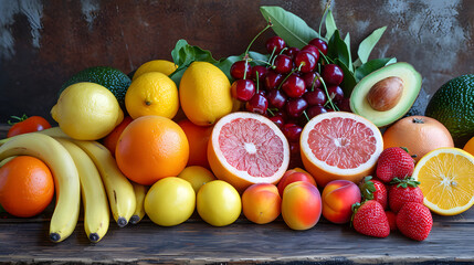 A colorful variety of fruits, including bananas, cherries, and citrus, artfully arranged on a...
