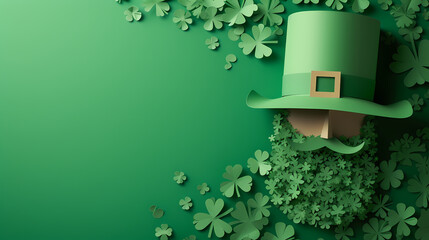 Leprechaun on a green background, St Patricks Day, Shamrocks, clovers