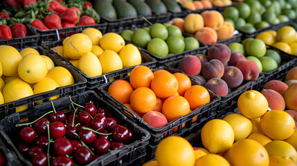A vibrant selection of various fruits neatly arranged in baskets at an outdoor market, highlighting the freshness and diversity of local produce
