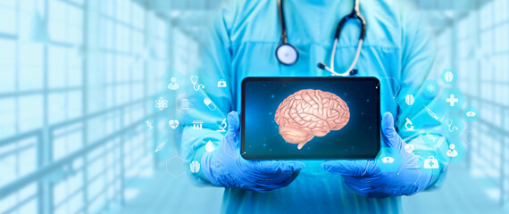 Neurology and psychology, neurodegenerative diseases. Doctor holds a tablet and teaches the...