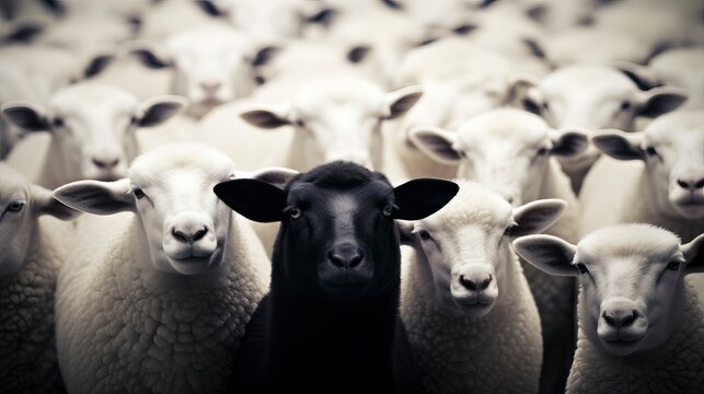Sheep in a herd of sheep, black and white photo. Generative AI