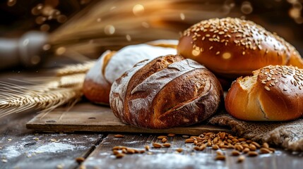 A delicious spread of freshly baked bread varieties, ranging from hearty whole grain to fluffy brioche, offers a mouth-watering selection for any snack or meal - obrazy, fototapety, plakaty