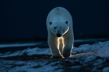 Peaceful polar bear walking at night in the Arctic, promoting sustainability. Generative AI