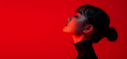Side profile portrait photography of an Asian woman, seamless red background, high contrast