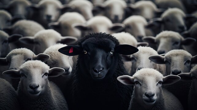 Sheep in a flock of sheep. Black and white photo. Generative AI
