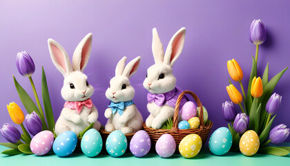Fototapeta na wymiar Easter banner Easter bunnies in costumes on a purple background with Easter eggs and tulips
