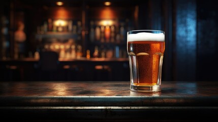 Glass of beer on bar or pub counter. AI Generated