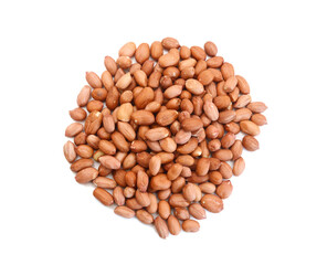Dried peanuts in closeup on white