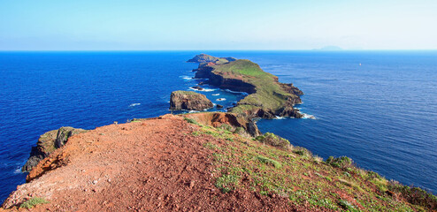Lighthouse of the Ponta de São Lourenço (tip of St Lawrence) on a desertic islet seen from the...