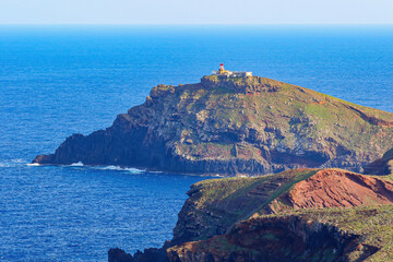 Lighthouse of the Ponta de São Lourenço (tip of St Lawrence) on a desertic islet seen from the...