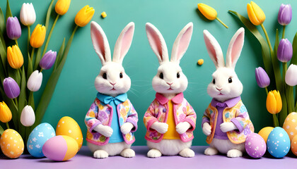 Easter banner Easter bunnies in costumes on a green background with Easter eggs and tulips