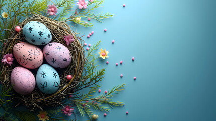 colourful easter eggs in a nest, on a blue background, spring 