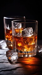 Two glasses of whiskey with ice on a bar counter. Alcohol drink. Dark background. Vertical shot. AI Generated 