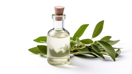 Bottle of essential oil with green leaves isolated on white background. Generative AI