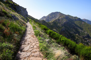 Paved footpath of the PR 1.2 trail climbing to the Pico Ruivo, the highest mountain peak on Madeira island (Portugal) in the Atlantic Ocean