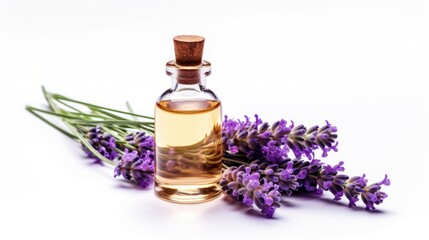 Lavender essential oil in a small bottle with fresh lavender flowers. Generative AI