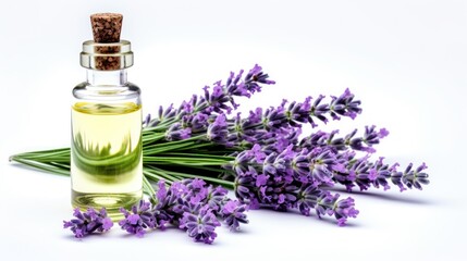 Obraz na płótnie Canvas Lavender essential oil in a small bottle with fresh lavender flowers. Generative AI