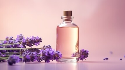 Obraz na płótnie Canvas Lavender essential oil in a glass bottle with fresh lavender flowers on a pink background. Generative AI