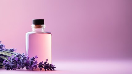 Obraz na płótnie Canvas Lavender essential oil in a glass bottle on a pink background Generative AI