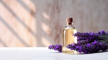 Obraz na płótnie Canvas Lavender essential oil in a glass bottle with fresh lavender flowers on a white marble table. Generative AI