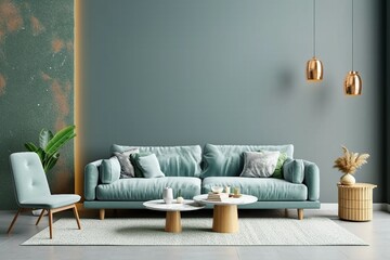 Modern living room mockup with mint green sofa, armchair and luxury living room interior background.3d rendering. generative ai.