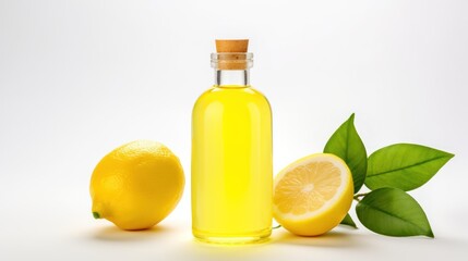 Lemon oil in a glass bottle with lemons on a white background Generative AI - obrazy, fototapety, plakaty