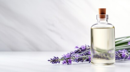 Obraz na płótnie Canvas Lavender essential oil in a small glass bottle with fresh lavender flowers on a white background. Generative AI