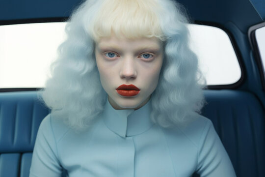 Albino woman in a blue car with leather interior