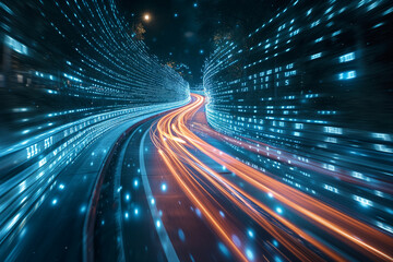 Highway to the digital realm with binary code and light speed trails - obrazy, fototapety, plakaty