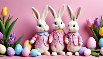 Fototapeta na wymiar Easter banner Easter bunnies in costumes on a pink background with Easter eggs and tulips