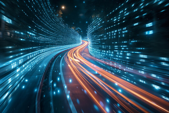 Highway to the digital realm with binary code and light speed trails