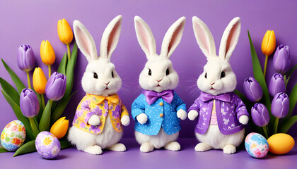 Easter banner Easter bunnies in costumes on a purple background with Easter eggs and tulips