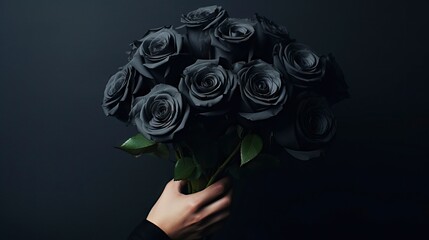 Bouquet of black roses in female hand on dark background. Generative AI