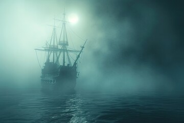 A haunted pirate ship sailing on a mysterious and foggy sea Ghostly ship