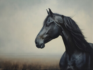 Majestic artistic portrait of black stallion horse in misty landscape