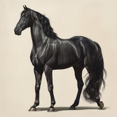 Painting of elegant black horse standing on neutral background