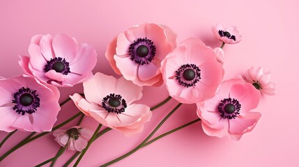 Fototapeta na wymiar Beautiful pink anemones flowers on pink background. illustration. Generative AI