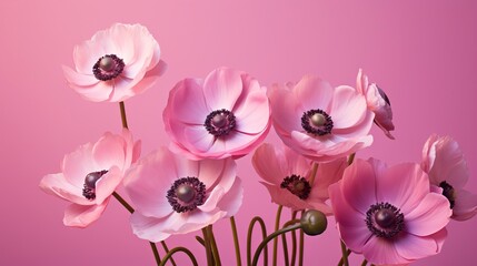 Minimalistic Photography of Pink Anemone Flowers on Pink Background AI Generated