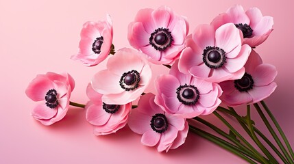 Fototapeta na wymiar Bouquet of pink anemones on a pink background. Generative AI