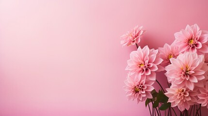 Pink dahlia flowers on a pink background with copy space. Generative AI