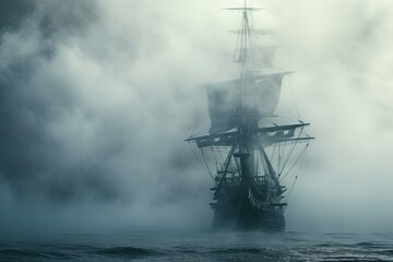 Fototapeta premium A haunted pirate ship sailing on a mysterious and foggy sea Ghostly ship
