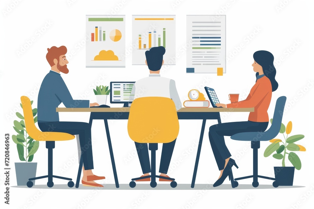 Poster a diverse group of individuals gather around a sleek desk, their stylish clothing and modern furnitu