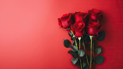 Red roses on red background. Valentines day concept. Flat lay, top view. Generative AI
