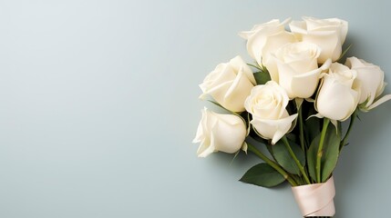 Beautiful bouquet of white roses on blue background. Flat lay, top view. Generative AI